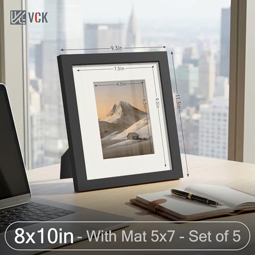 Image of VCK 8x10 Picture Frame 5 Pack, Black Wood, 5x7 Mat, Glass, for Photo Print