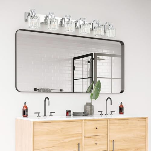Image of GAOMON LED Modern Crystal Bathroom Vanity Lights Over Mirror, Chrome Bathroom Light Fixtures Wall Light (6-Light)
