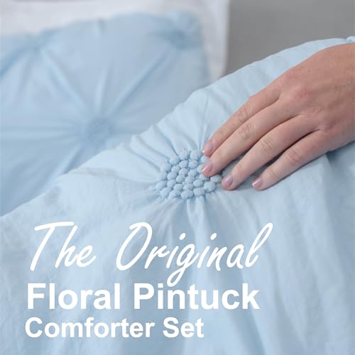Image of Swift Home King Baby Blue Comforter Set - Ruched 3D Floral Pintuck Bedding Set - 3 Pieces Bed Linen, 1 Comforter and 2 Pillow Shams