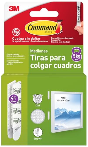 Command Tiras Adhesivas para Colgar Cuadros, Color Blanco, Tamaño Mediano, 4 Pares (8 Tiras) – Para Marcos, Espejos y Otros Adornos – Soporta hasta 5 kg – Para Colgar sin Agujeros ni Taladro