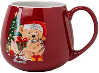 Christmas Bear Ceramic Mug 400ml Cute Holiday Coffee & Tea Cup Glossy Red & White Festive Drinkware Gift for Hot Cocoa or Christmas Gifting (H7.5cm X W6.5cm) Assorted Designs (Bear with Tree & Gifts)