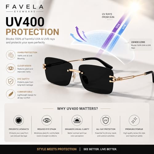 Image of FAVELA Premium Rimless Rectangular Sunglasses for Men & Women | Gold Tinted Luxury Eyewear | Lightweight Metal Frame | UV400 Protected Stylish Goggles | Medium Size