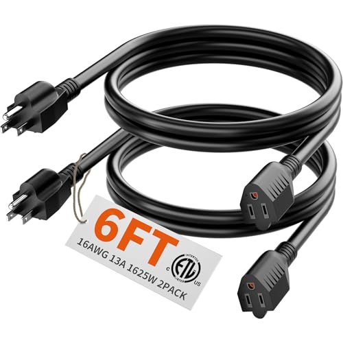 HUANCHAIN 6 FT(2 Pack) 16 Gauge Black Indoor Outdoor Extension Cord Waterproof, Flexible Cold Weather 3 Prong Electric Cord Outside, 13A 1625W 125V 16AWG SJTW, ETL Listed