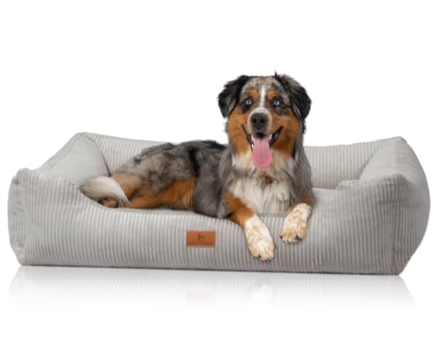 Knuffelwuff Hundebett aus Cord mit Handwebcharakter Olivia M-L 85 x 63cm Hellgrau - Abnehmbarer Bezug - waschbar - für große, mittelgroße und kleine Hunde