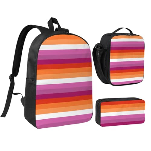 Orange Magenta Lesbian Pride Flag 17 Inch Backpack Sets Lunch Bag Lightweight Daypack for Men Women 3Pcs