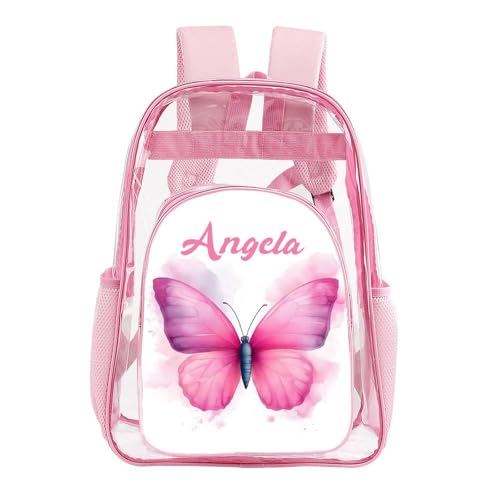 Custom Name Watercolor Butterfly Clear Backpack, Personalized PVC See Through Transparent Bookbag for Girls, Waterproof Daypack for School, Concert, Travel
