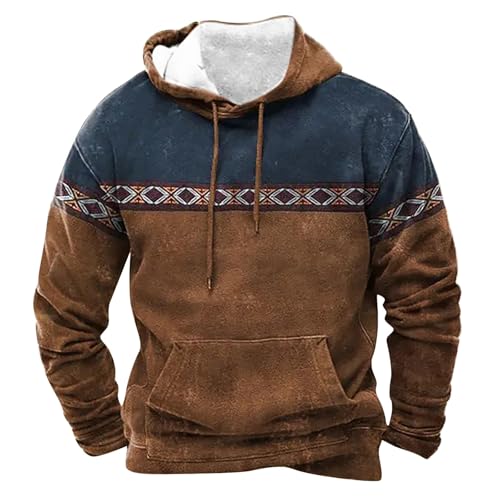 Mens Casual Aztec Hoodies Vintage Patchwork Western Pullover Sweatshirts Distressed Ethnic Print Country Jackets
