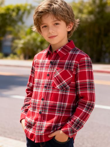 Image of Yoimira Boys Flannel Shirts Kids Long Sleeve Plaid Tops Casual Button Down Shirt Western Plaid Jacket