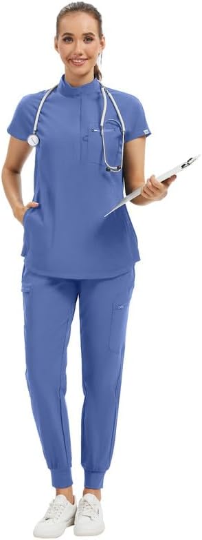Kitmaz Women's Scrub Set - Convertible Mandarin/V-Neck Top & Jogger Pants, 9 Pockets, Wrinkle & Splash Proof