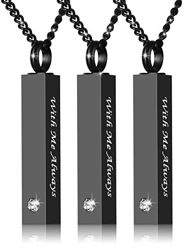 3 Pack Urn Necklace for Ashes Memorial Cremation Jewelry for Ashes, CZ Bar Urn Locket for Ashes Stainless Steel Urns Pendant Keepsake Jewelry with Words: With Me Always & Funnel Kit & Bag