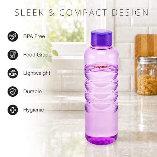 Image of Nayasa Revello 1000 ML Pet Plastic Fridge Water Bottles Set of 6 | BPA Free | Leak Proof | Airtight Lid | Purple