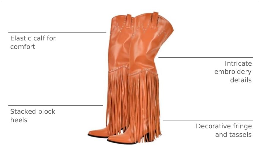 Image of richealnini Western Thigh High Cowboy Boots with Fringe Over Knee Wide Calf Cowgirl Boots