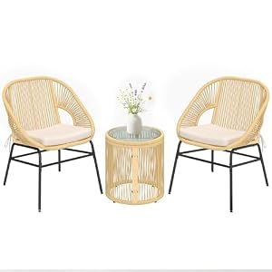 Outsunny Rattan Bistroset 3 teiliges Gartenmöbel-Set mit 2 Stühlen, Glastisch und waschbaren Kissen Ergonomische Sitzgruppe Balkonmöbel Garnitur für Terrasse, Garten, Beige