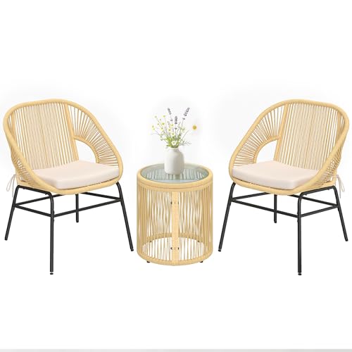 Outsunny Ensemble Bistro 3 Pièces en Résine Tressée - Salon de Balcon avec 2 Fauteuils Confortables et Table en Verre Trempé - Petit Salon de Jardin avec Coussins Déhoussables, Beige