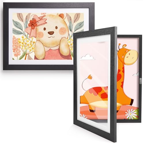 Kromapolis Lot de 2 Cadre Pour Dessin Enfant à Changer Format Cadre Photo Noir A4 Dessiner En MDF