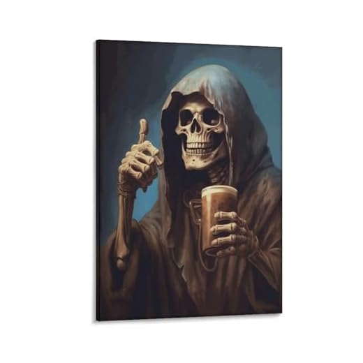 Impression sur toile représentant un squelette avec de la bière, style académie sombre et gothique, impression sur toile, décoration murale pour chambre, bureau, 40 x 60 cm