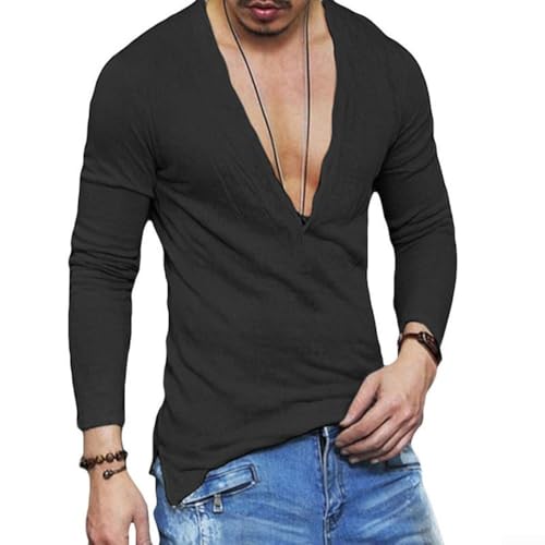 Camiseta lisa de manga larga para hombre con cuello en V profundo y botón, ideal para el uso diario (L, negro)