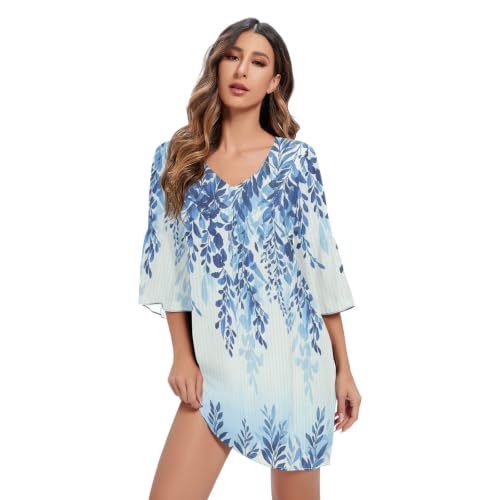 Robe trapèze mousseline de soie fluide col V vêtement été imprimé floral indigo