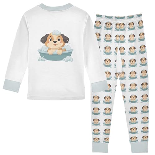Cartoon Pajamas Set Dog Sitting in A Bath Long Sleeve PJs Cotton Jammies Sleepwear Top and Pants Multicolor2