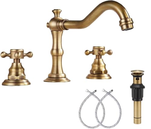GGStudy 8 inch 2 Handles 3 Holes Widespread Bathroom Sink Faucet Antique Brass Bathroom Vanity Faucet Basin Mixer Tap Faucet Matching Metal Pop Up Drain with Overflow