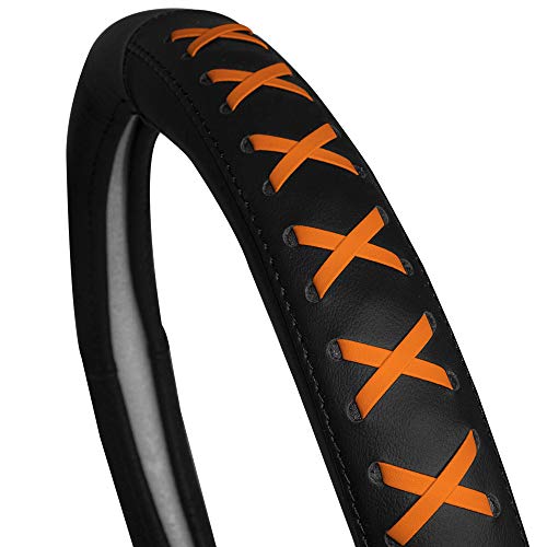 Image of FH Group Universal Fit 15 Inch Genuine Leather with Lace-Up Detailing Steering Wheel Cover fits Most Cars, SUVs Orange