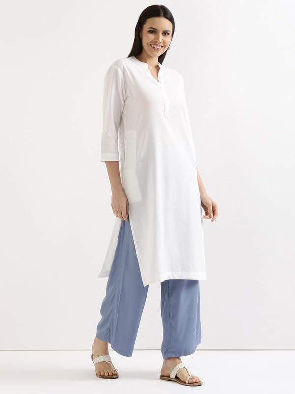 Image of SAADAA Women's Linen Straight Fit Straight Long Kurta Airy Plain Kurta, 3 /4 Sleeve, Knee Length Kurtis with Pockets, Casual and Office Wear