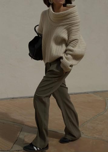 Image of Unybwonn Women Off Shoulder Sweater Top Long Sleeve Knitted Pullover Casual Loose Oversized Trendy Vintage Knitwear Tops