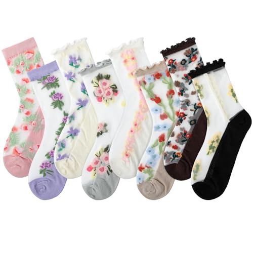 Suhine 8 Pairs Floral Sheer Sock Women Embroidered Jacquard Crystal Glass Socks Thin Mesh Lace for Summer