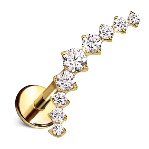 Crystal Ear Climber Flat Back Stud – Single Titanium Earring, Push Pin Design for Sensitive Ears — (Single Earring)