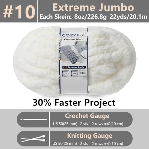 Image of Cozyful Chunky Yarn for Hand Knitting - #10 Chunky Chenille Yarn, Jumbo Big Thick Chunky Yarns for Crocheting, Super Bulky Chunky Knit Blanket Yarns, 8 Skein (22 yds 8 oz Each Skein), Cream