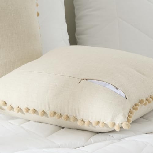 Image of 100% Cotton Pom Pom Cushion with Filler, Elegant & Modern Cushion Cover for Living Room, Square Shape, 20 inchx20 inch, uni Chambray, Set of 5 - Beige