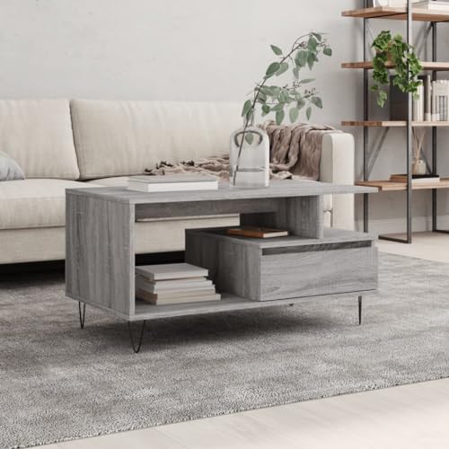 GeenYuu Mesa de centro gris Sonoma 90 x 49 x 45 cm, material de madera, con cajón, patas metálicas, mesa auxiliar rectangular para salón, mesa de café estable, fácil de limpiar