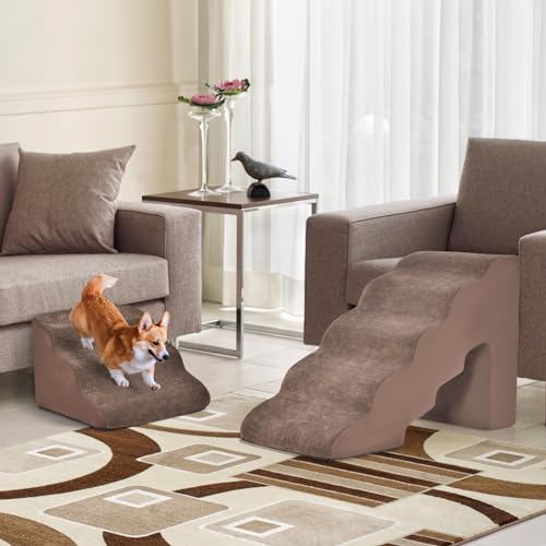 Giantex-Dog-Stairs-Set-5-Tiers-3-Tiers-Dog-Ramps-Combo-High-Density-Foam-Non-Slip-Bottom-Washable-Cover-22-High-Pet-Steps-for-Small-Puppy-Older-Cats-to-Get-on-Bed-Sofa-Couch-Brown - Cucciolini Doodles Giantex-Dog-Stairs-Set-5-Tiers-3-Tiers-Dog-Ramps-Combo-High-Density-Foam-Non-Slip-Bottom-Washable-Cover-22-High-Pet-Steps-for-Small-Puppy-Older-Cats-to-Get-on-Bed-Sofa-Couch-Brown