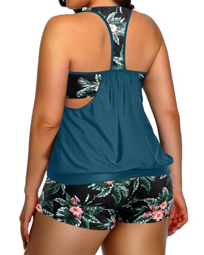 Image of Womens Plus Size Tankini Swimsuit Two Piece Tummy Control Bathing Suit | Blouson Racerback Tankini Top with Shorts, Double Up Design, Removable Pad