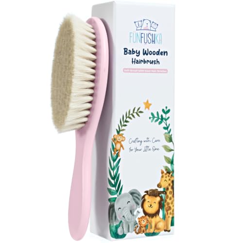 Image of FUNFUSHKA Baby Hair Brush - Ultra Soft Goat Bristles - Wooden Cradle Cap Brush for Newborns, Infants, Toddlers - Gentle Scalp Grooming and Styling for Baby Girls and Boys (Rosa)