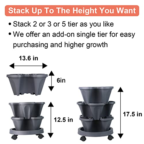 DUNCHATY Stackable Planter, Vertical Garden Planter with Wheels and Tools, Self Watering Strawberry Planter Indoor/Outdoor 3 Tier Herb Planter Pots for Growing Vegetables and Succulents, Dark Gray