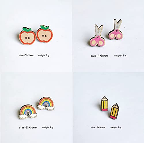 Teacher Student Stud Earrings Set Colorful Crayon Pencil Ruler Book Teacher's Gift Back to First Day of College Wooden Jewelry for Women3