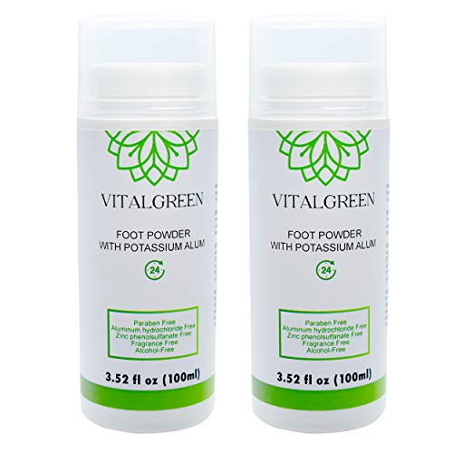 Vital Green Natural Powder Deodorant of Crystal Stone Alum (Potassium) - Unscented - Body or Feet Use - 100gr - 3.53oz (Pack of 2)