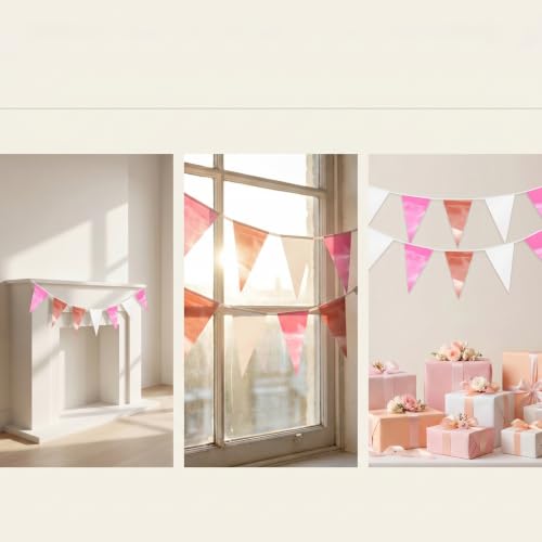 Image of 65FT Rose-Gold Pink Glitter Triangle Pennant Banner Flag Metallic Bunting Fabric Garland for Christmas Graduation Wedding Engagement Anniversary Bachelorette Bridal Shower Valentine's Party Supplies