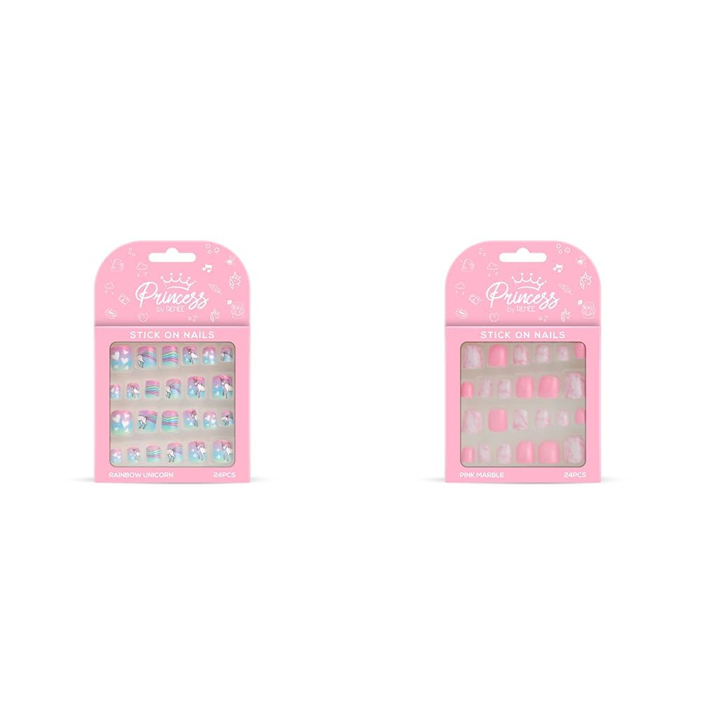 Princess By RENEE Stick On Nails Rainbow Unicorn| 24 Reusable Artificial Nail Set| Lightweight, Long lasting, Easy To Use & Princess By RENEE Stick On Nails Pink Marble-image-18