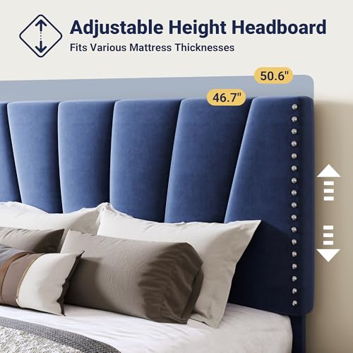Image of Allewie Queen Size Velvet Platform Bed Frame with Adjustable Headboard Blue