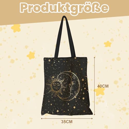 Yoljun Tote Bag Schwarz Stern Mond Motiv, Canvas Stofftasche Damen, Baumwolltasche Beutel, Geschenke Tasche Geschenk für Arbeit Reisen