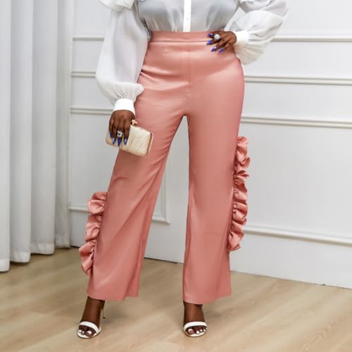 AOMEI Women's Pink Shiny High Waist Ruffled Trim Pants Straight Leg Bottoms Trousers2