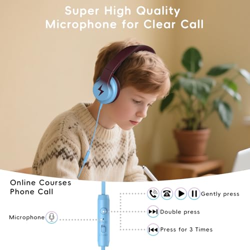 Image of Candy Bila Kids Headphones, Wired Headphones for Kids Over Ear with Microphone, 85 /94dB Volume Headphone for Girls Boys, Foldable Headphone for Learning & Entertainment, Gradient Caramel Blue