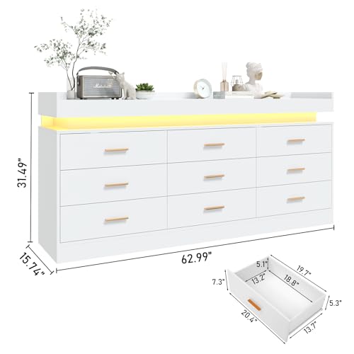 Image of jiteentarou 9 Drawer Dresser with Charging Station and LED Lights, Modern Chest of Drawers with Power Outlet, Organizer Cabinet for Bedroom, Living Room, Entryway, White