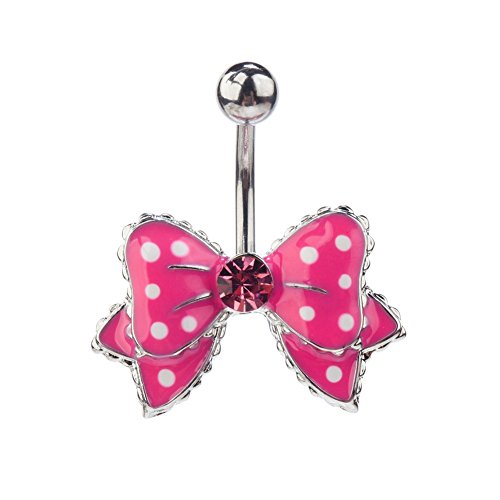 VAGA Belly Button Rings Women Body Jewelry Piercing Adorable Great Quality stainless steel Belly Button Navel 14 Gauge Bananabell Piercing With Pink Dotted Enamel Bow Tie And Rhinestone Crystal