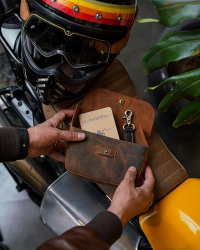 Image of Trip Machine Company Genuine Leather Motorcycle Front Handlebar Leather Bag | Moto Backrail Sidekick Pouch | Shoulder Bag | Fanny Pack (Mocha)