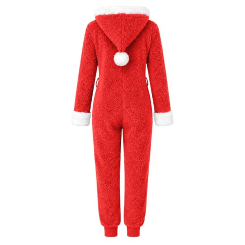 XINGJIAARTS Womens Flannel Pajamas Christmas Fuzzy Warm Hooded Pajamas Jumpsuit Zip Up Sleepwear Fleece Winter Cosplay Suit Red Small - image 4