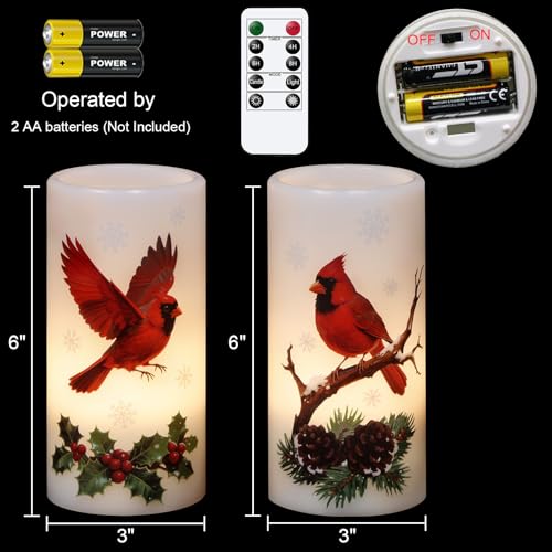 Image of Christmas Cardinal Flameless Pillar Candles with Remote Timer, LED Candles in Real Wax Holder, Battery Operated Candle for Christmas Decor Indoor Xmas Gifts(2 Pack, 3 inch x 6 inch)