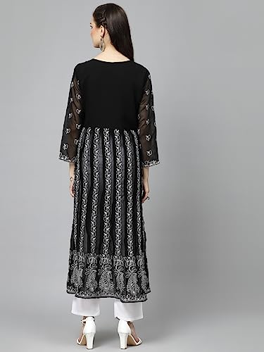 Image of Yashika Women's Chanderi Women Chikankari Long Sleeve Embroidered Anarkali Nayra Kurta(Ys-K1112)